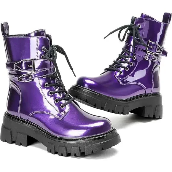 Women Combat Boots Lace Up Buckle Lug Sole Ankle Biker Boots - Picture 1 of 12